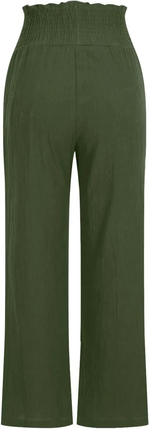 Capri Pants for Women Casual Loose Fit Summer Elastic High Waist Trousers Cotton Linen Pants Wide Leg Lounge Capris