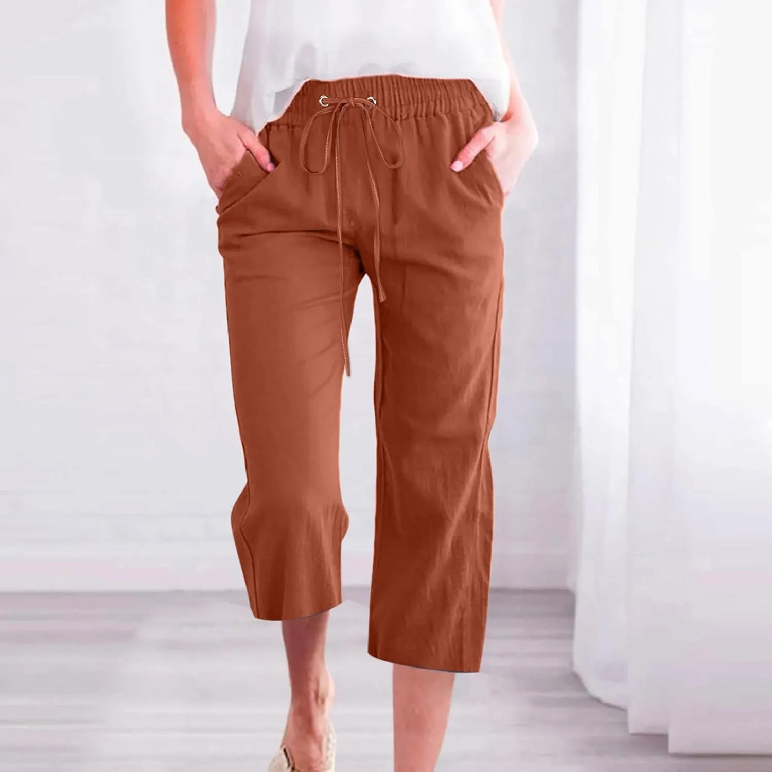 Capri Pants for Women Casual Summer Drawstring Elastic High Waisted Linen Pants Straight Wide Leg Cropped Trousers