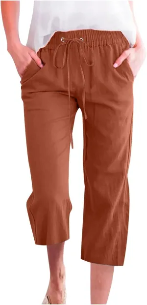 Capri Pants for Women Casual Summer Drawstring Elastic High Waisted Linen Pants Straight Wide Leg Cropped Trousers