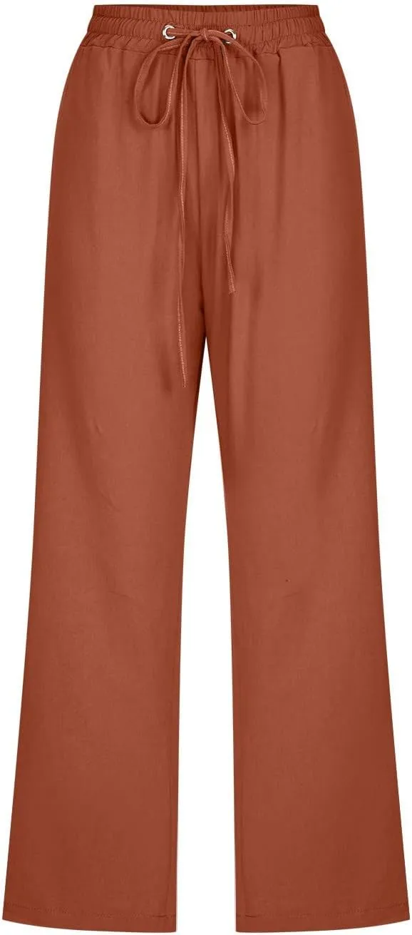 Capri Pants for Women Casual Summer Drawstring Elastic High Waisted Linen Pants Straight Wide Leg Cropped Trousers