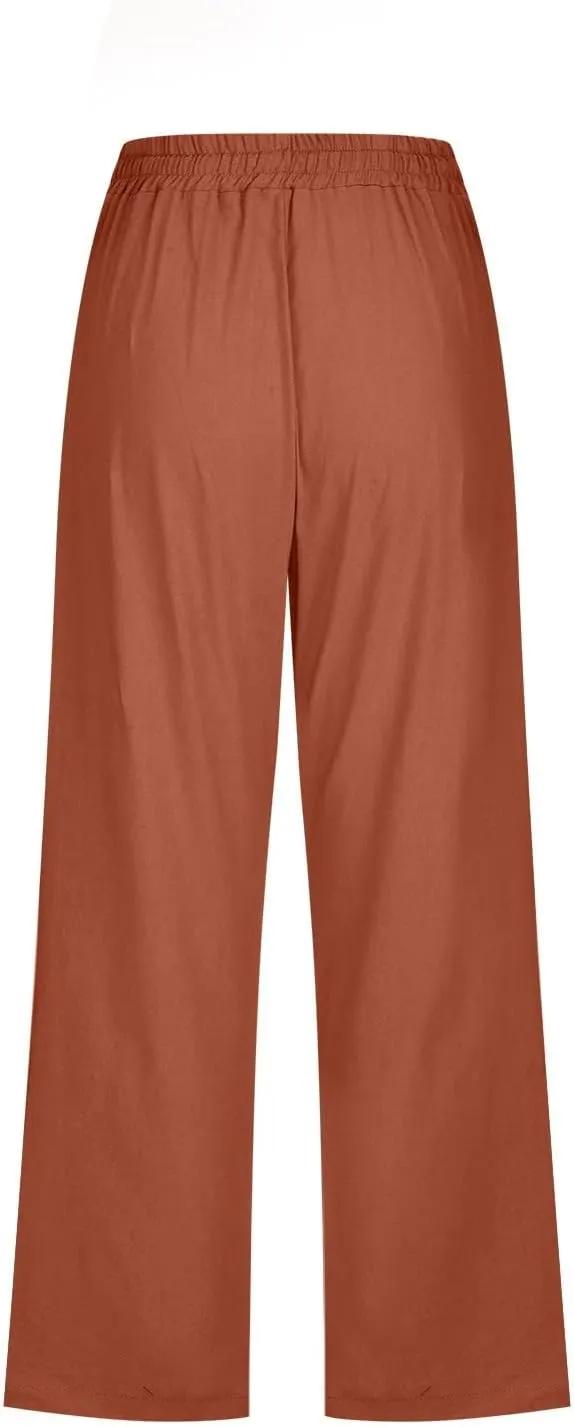 Capri Pants for Women Casual Summer Drawstring Elastic High Waisted Linen Pants Straight Wide Leg Cropped Trousers