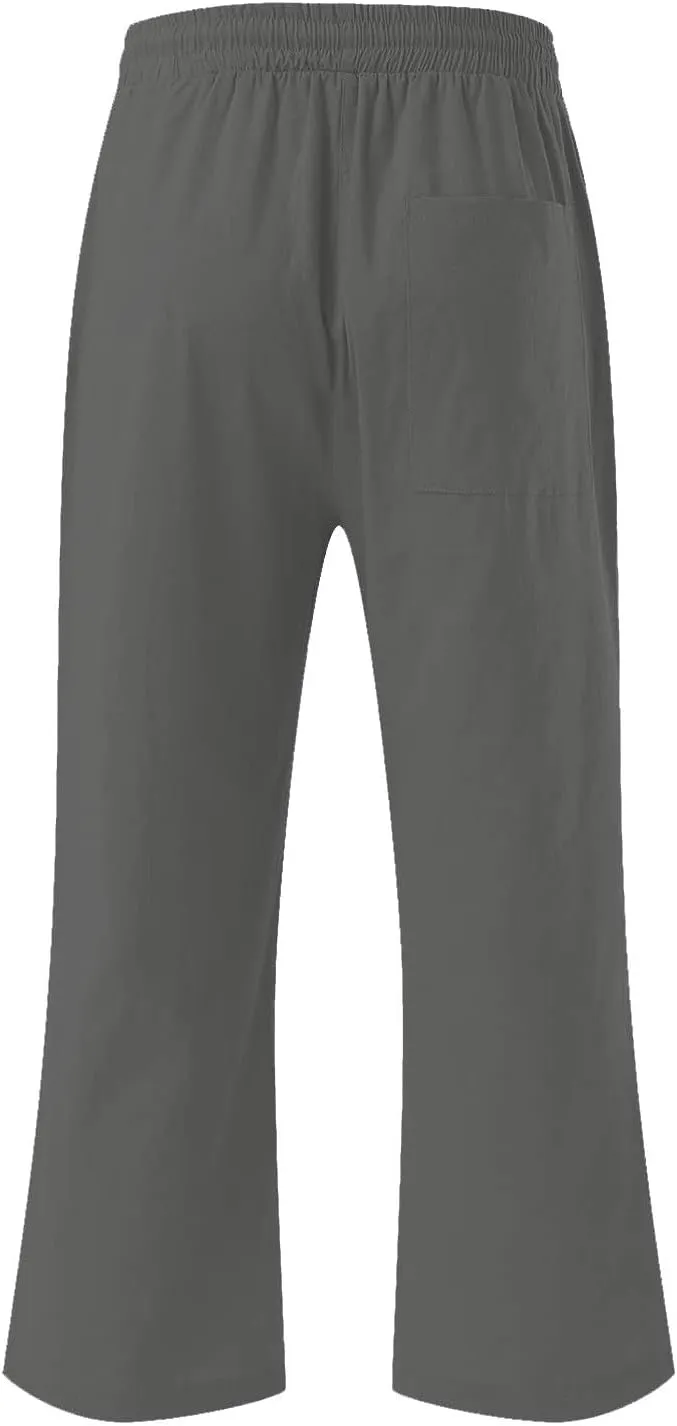 Capri Pants for Women Summer Casual Lounge Pants Cotton Linen Soft Drawstring Baggy Cropped Trousers with Pockets