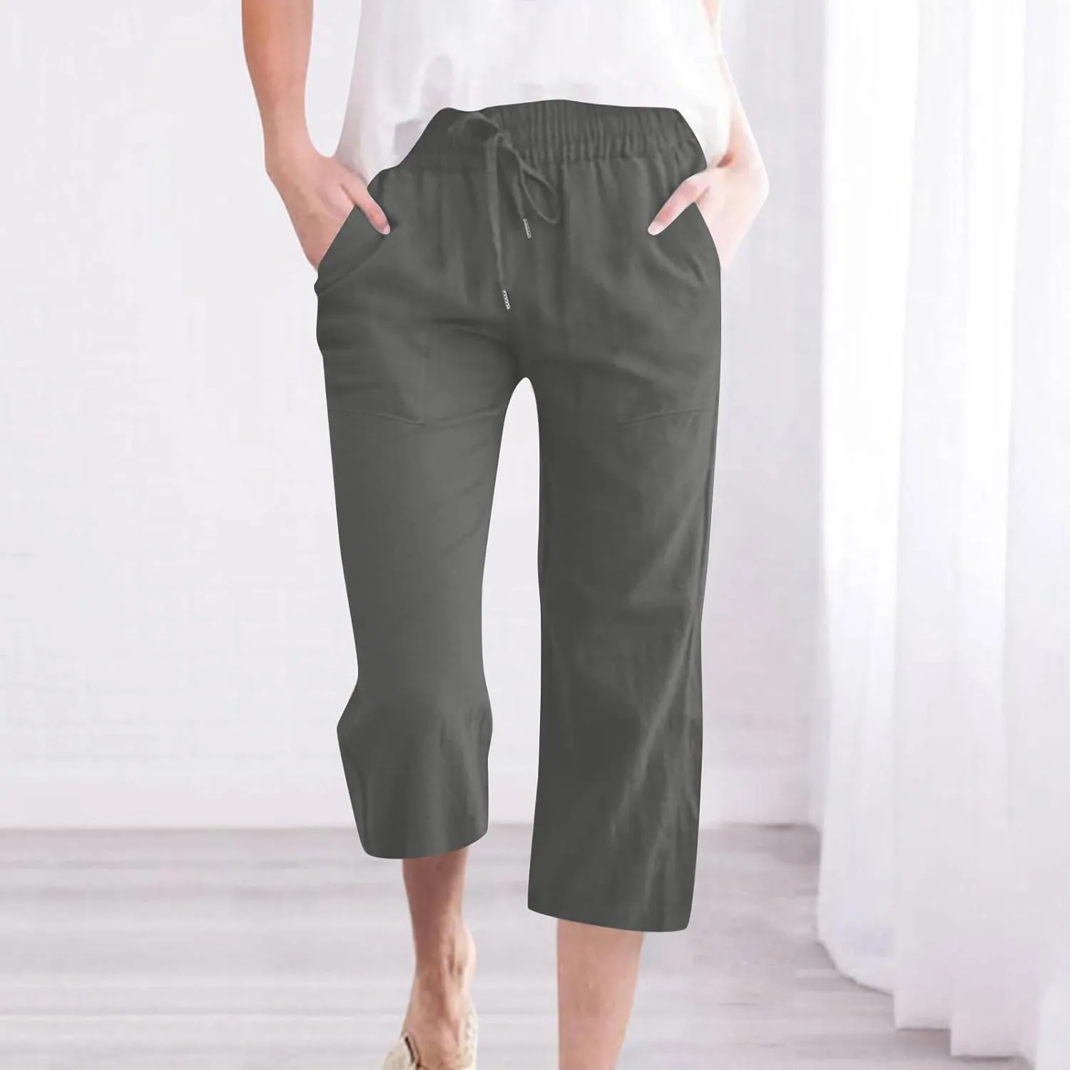 Capri Pants for Women Summer Casual Lounge Pants Cotton Linen Soft Drawstring Baggy Cropped Trousers with Pockets