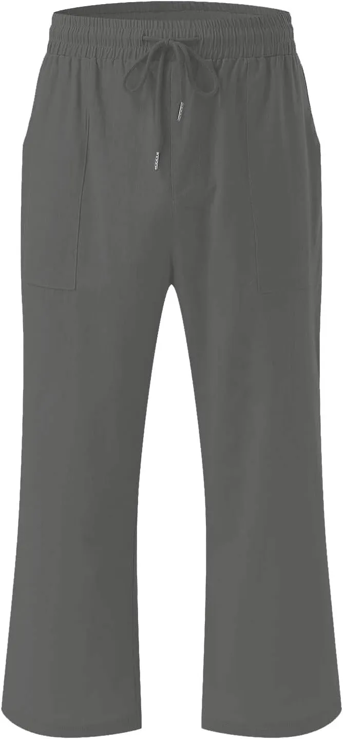 Capri Pants for Women Summer Casual Lounge Pants Cotton Linen Soft Drawstring Baggy Cropped Trousers with Pockets