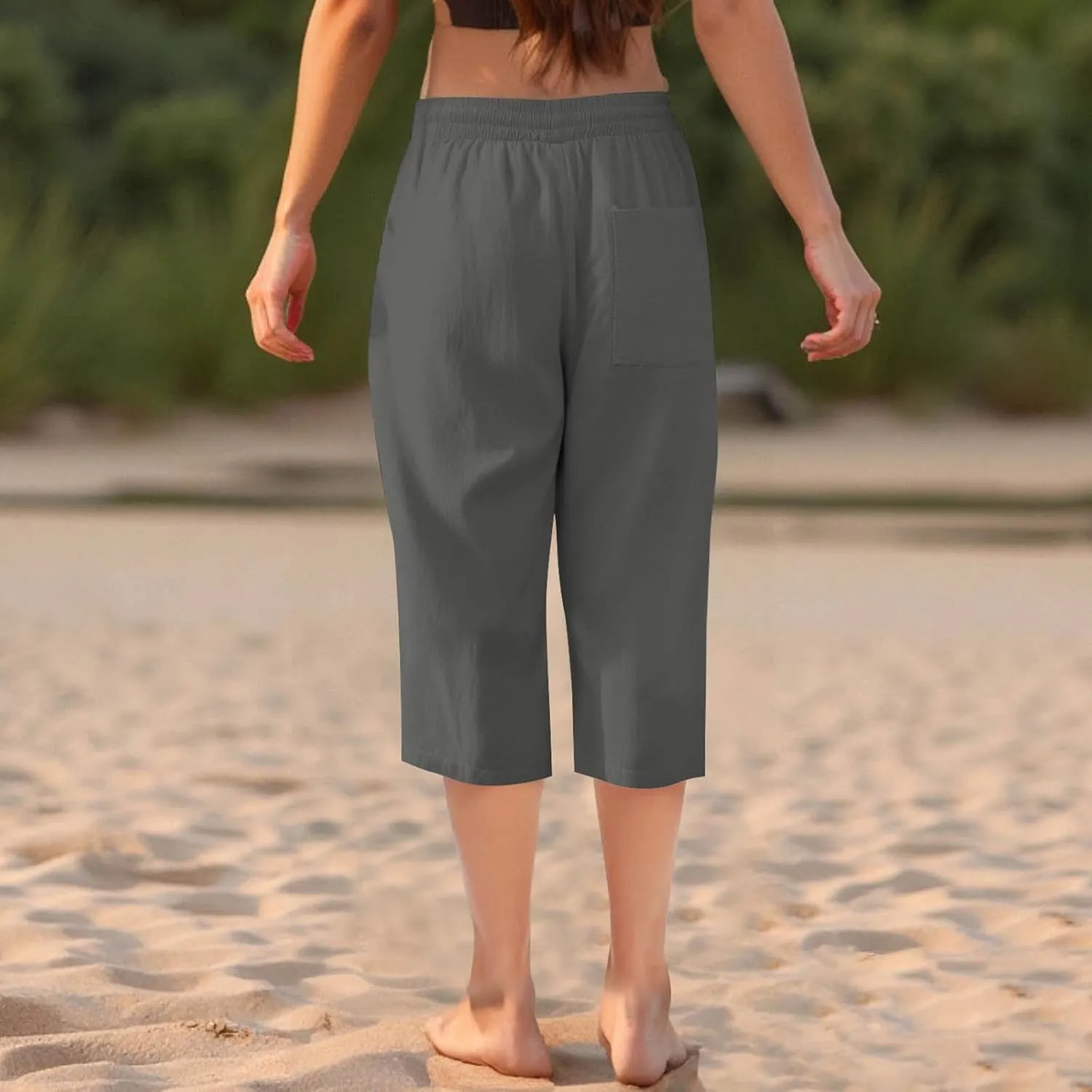Capri Pants for Women Summer Casual Lounge Pants Cotton Linen Soft Drawstring Baggy Cropped Trousers with Pockets