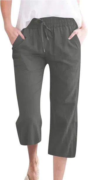 Capri Pants for Women Summer Casual Lounge Pants Cotton Linen Soft Drawstring Baggy Cropped Trousers with Pockets
