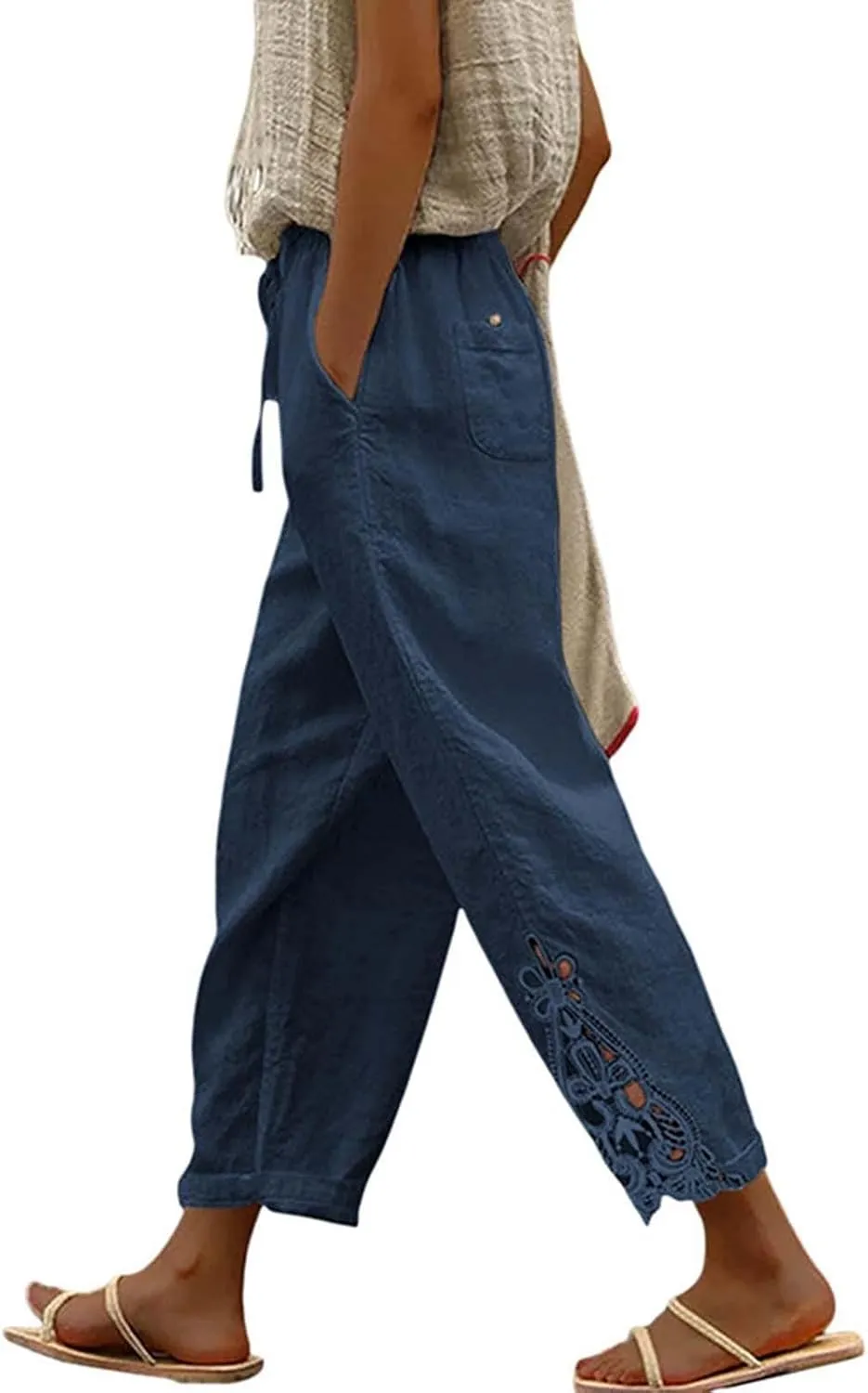 Capris Pants For Women High Waist Elastic Casual Trousers 2024 Summer Baggy Cropped Pant Lace Patchwork Comfy Pants