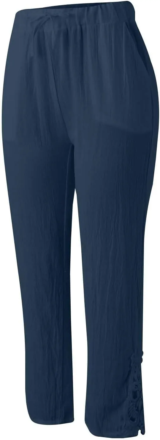 Capris Pants For Women High Waist Elastic Casual Trousers 2024 Summer Baggy Cropped Pant Lace Patchwork Comfy Pants