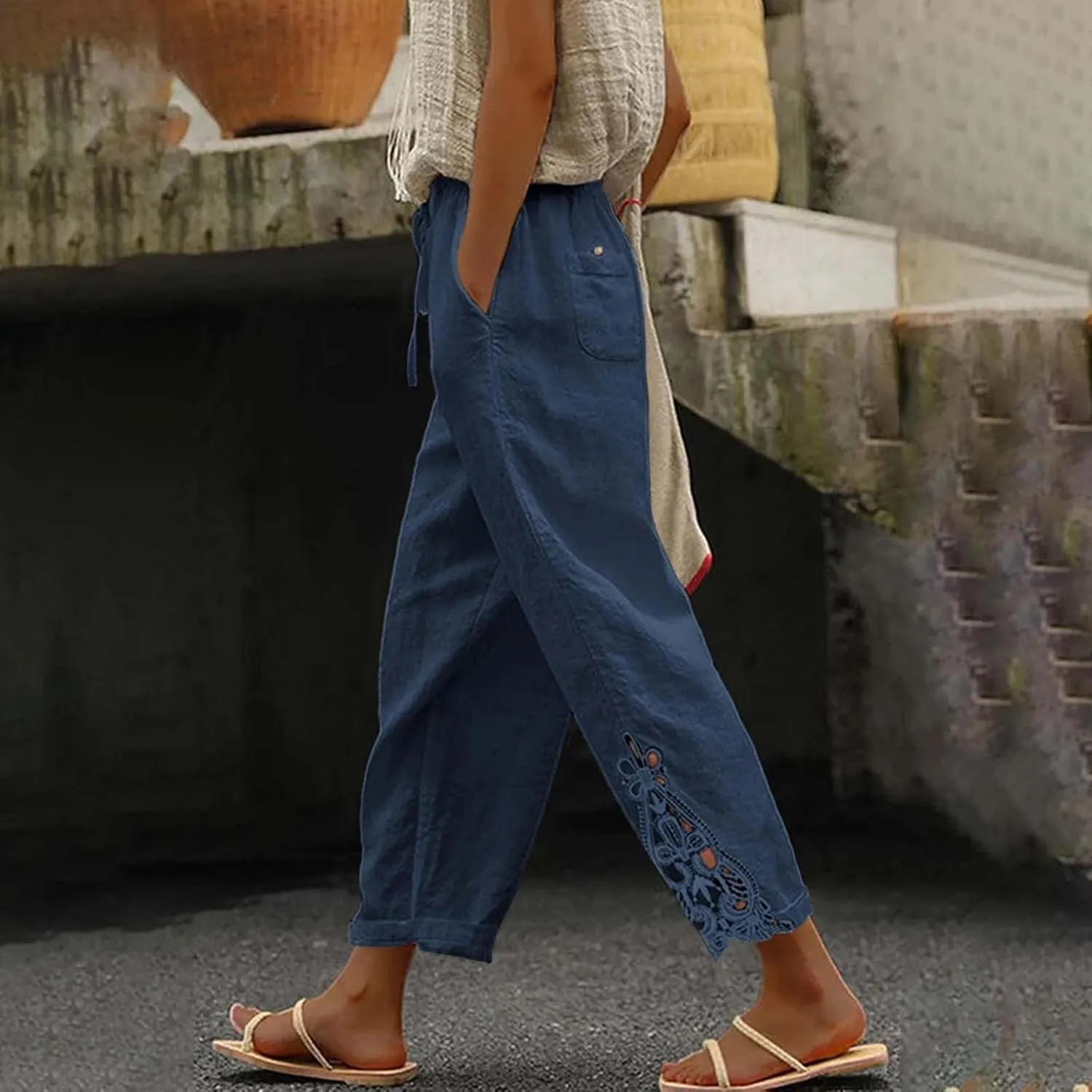 Capris Pants For Women High Waist Elastic Casual Trousers 2024 Summer Baggy Cropped Pant Lace Patchwork Comfy Pants