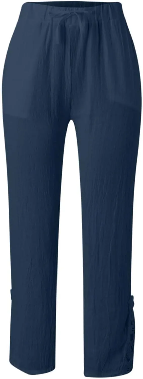 Capris Pants For Women High Waist Elastic Casual Trousers 2024 Summer Baggy Cropped Pant Lace Patchwork Comfy Pants