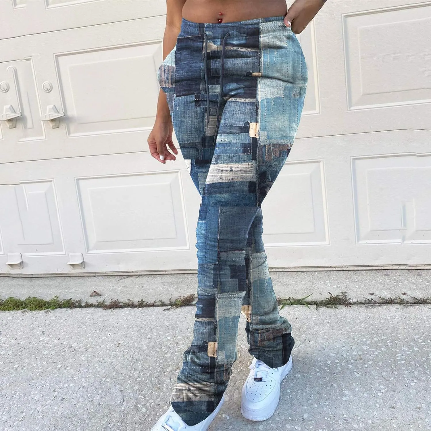 Casual Jeans for Women Print Trousers High Waist Drawstring Stacked Pants Vintage Stretch Palazzo Trousers