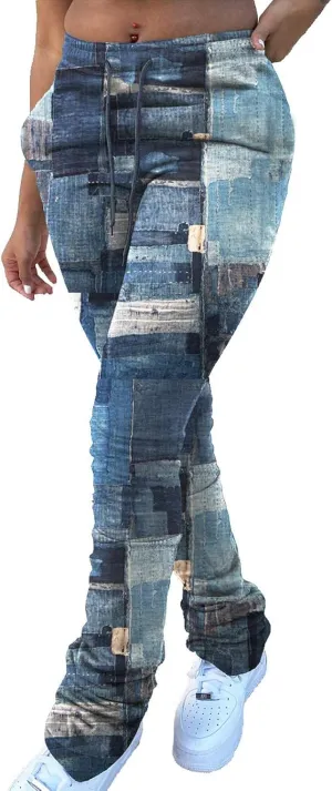 Casual Jeans for Women Print Trousers High Waist Drawstring Stacked Pants Vintage Stretch Palazzo Trousers