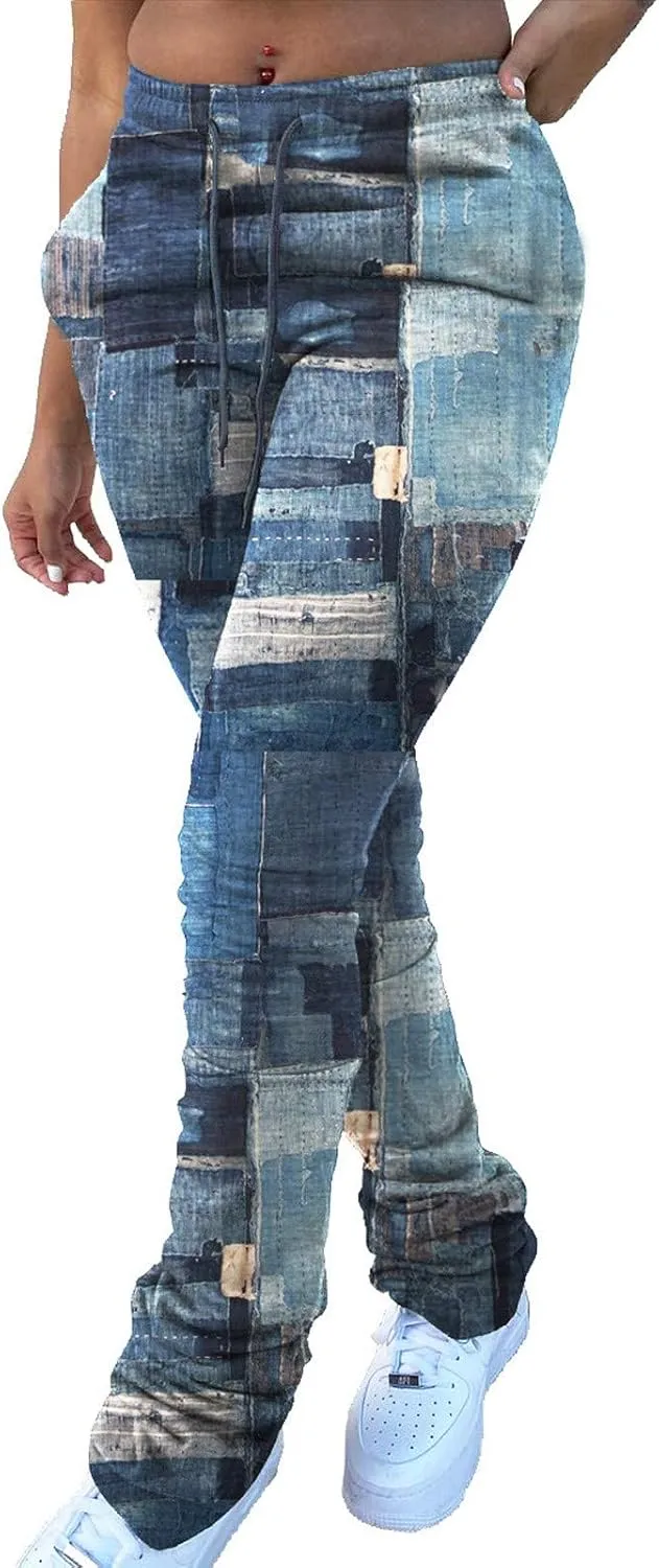 Casual Jeans for Women Print Trousers High Waist Drawstring Stacked Pants Vintage Stretch Palazzo Trousers