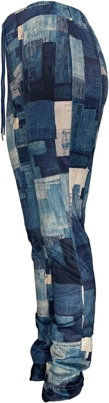 Casual Jeans for Women Print Trousers High Waist Drawstring Stacked Pants Vintage Stretch Palazzo Trousers