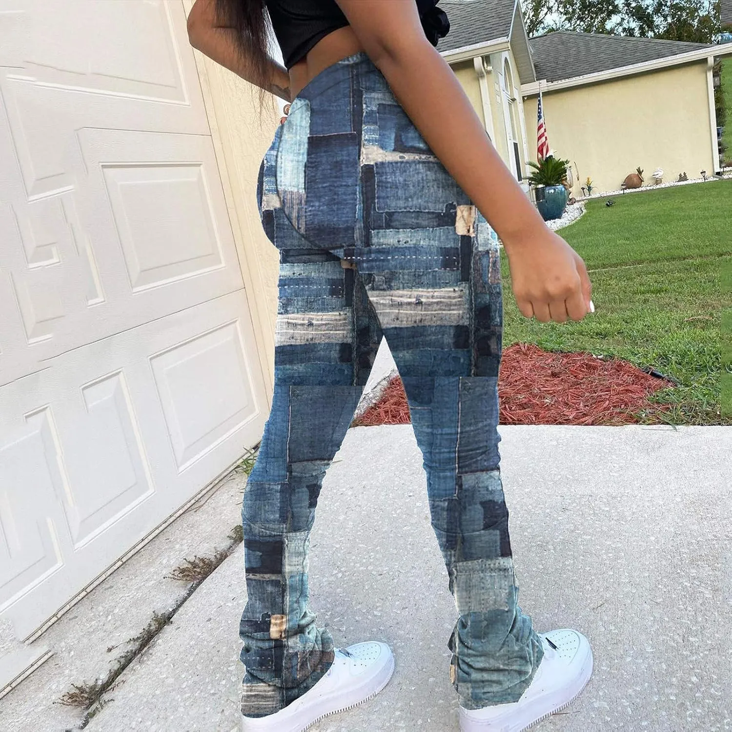 Casual Jeans for Women Print Trousers High Waist Drawstring Stacked Pants Vintage Stretch Palazzo Trousers