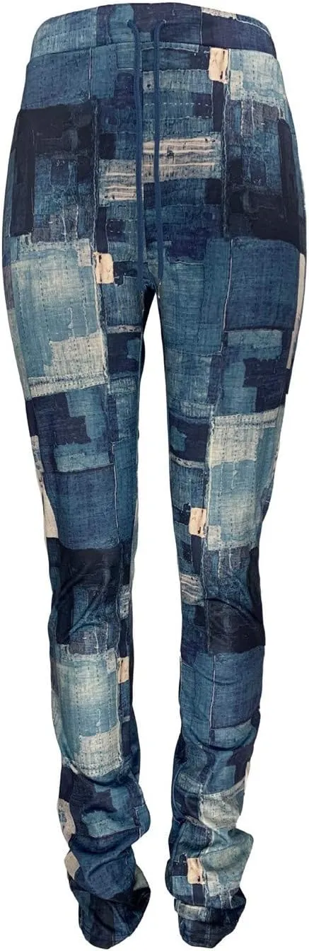 Casual Jeans for Women Print Trousers High Waist Drawstring Stacked Pants Vintage Stretch Palazzo Trousers