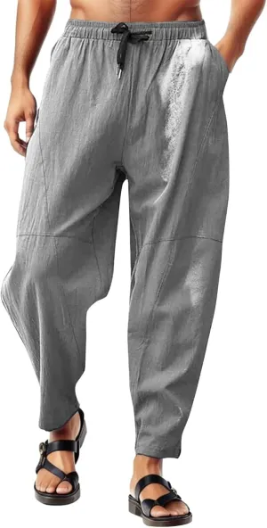Casual Summer Pants for Men Linen Solid Color Pant Drawstring Joggers Loose Fit Pants Long Trousers with Pockets