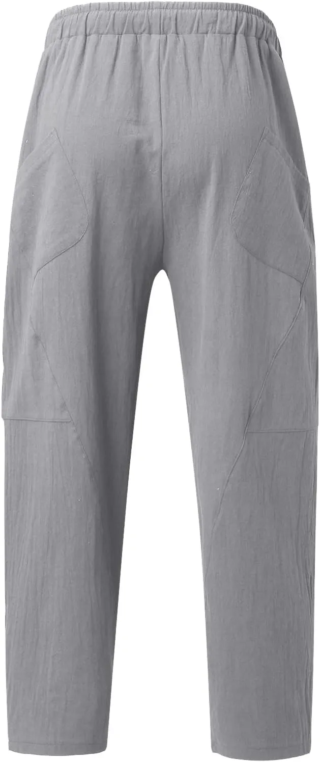 Casual Summer Pants for Men Linen Solid Color Pant Drawstring Joggers Loose Fit Pants Long Trousers with Pockets
