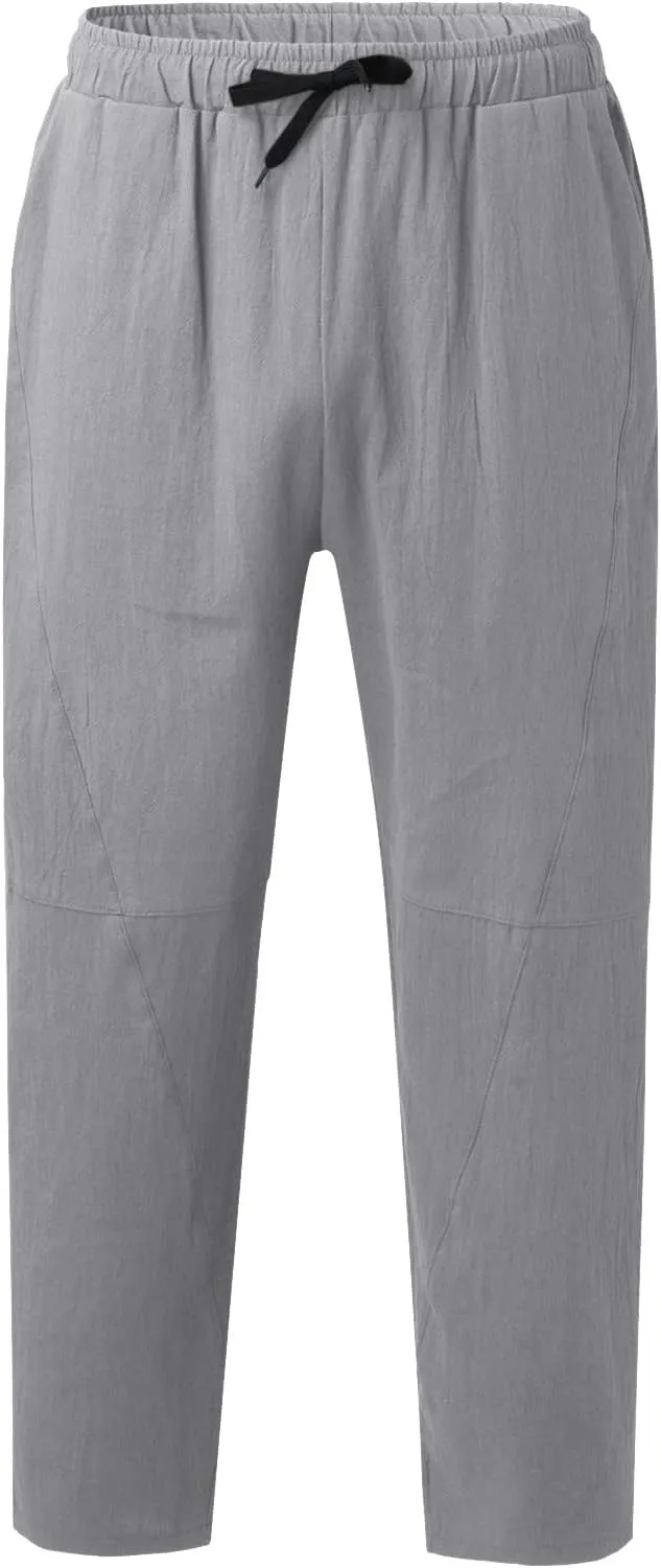 Casual Summer Pants for Men Linen Solid Color Pant Drawstring Joggers Loose Fit Pants Long Trousers with Pockets