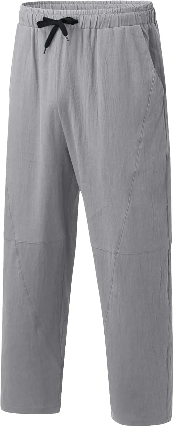 Casual Summer Pants for Men Linen Solid Color Pant Drawstring Joggers Loose Fit Pants Long Trousers with Pockets
