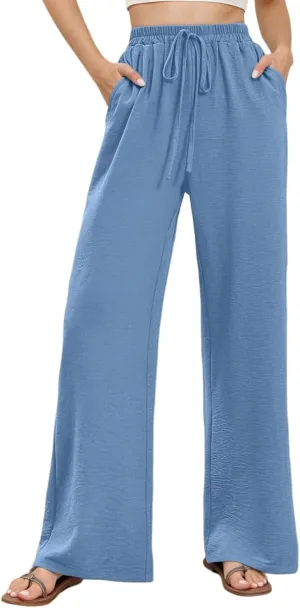 Casual Wide Leg Pants for Women Elastic High Waist Breathable Palazzo Pants Baggy Drawstring Comfy Ice Silk Trousers
