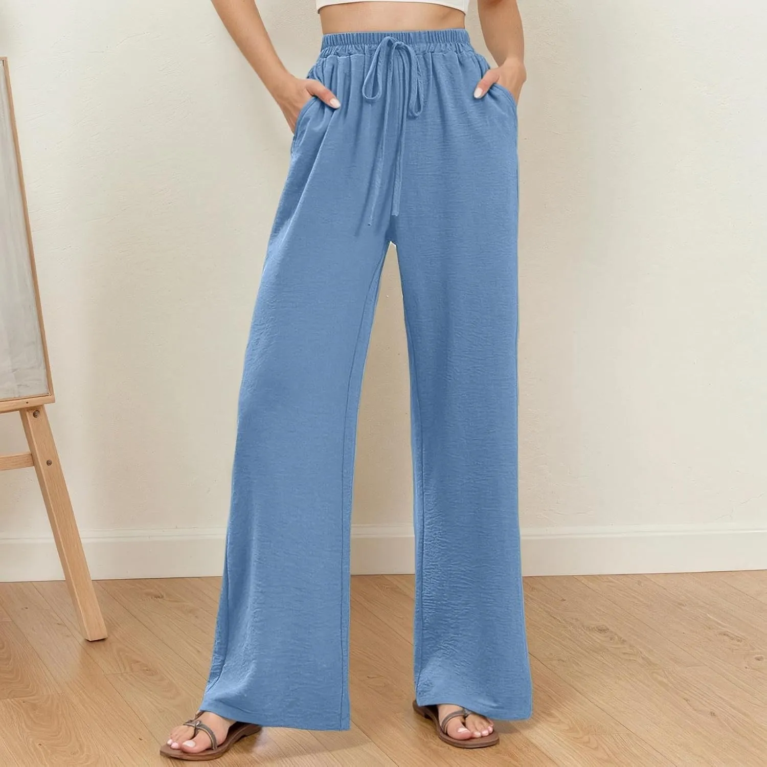 Casual Wide Leg Pants for Women Elastic High Waist Breathable Palazzo Pants Baggy Drawstring Comfy Ice Silk Trousers