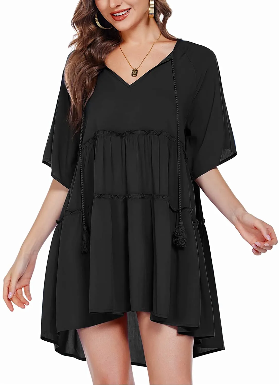 Cecilia Black Summer Pleated Bathing Suit Cover Ups