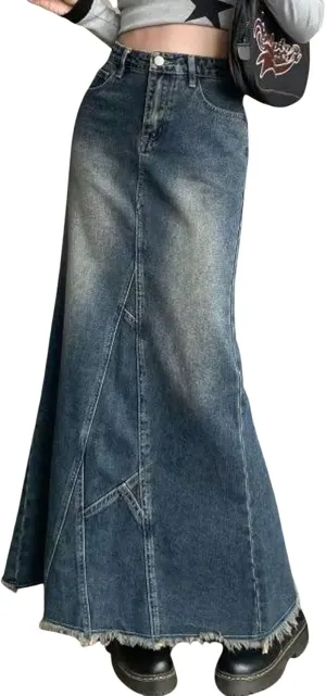 CHARTOU Women High Waist Distressed Mermaid Fishtail Denim Jean Maxi Skirt Ripped Frayed Flared Long Skirt
