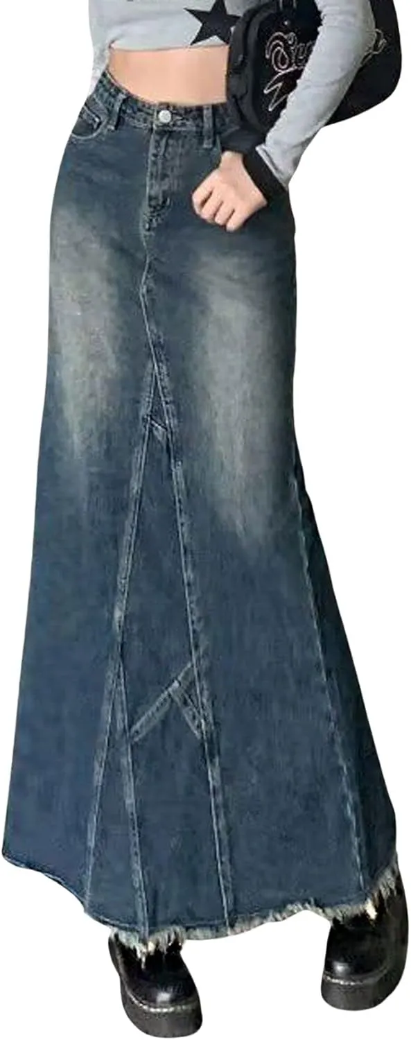 CHARTOU Women High Waist Distressed Mermaid Fishtail Denim Jean Maxi Skirt Ripped Frayed Flared Long Skirt