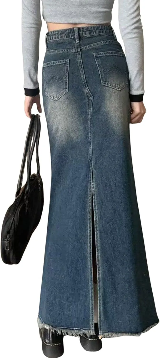 CHARTOU Women High Waist Distressed Mermaid Fishtail Denim Jean Maxi Skirt Ripped Frayed Flared Long Skirt