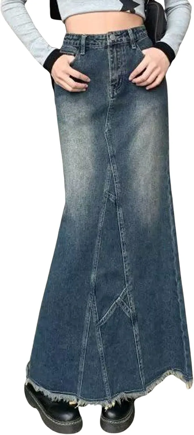 CHARTOU Women High Waist Distressed Mermaid Fishtail Denim Jean Maxi Skirt Ripped Frayed Flared Long Skirt