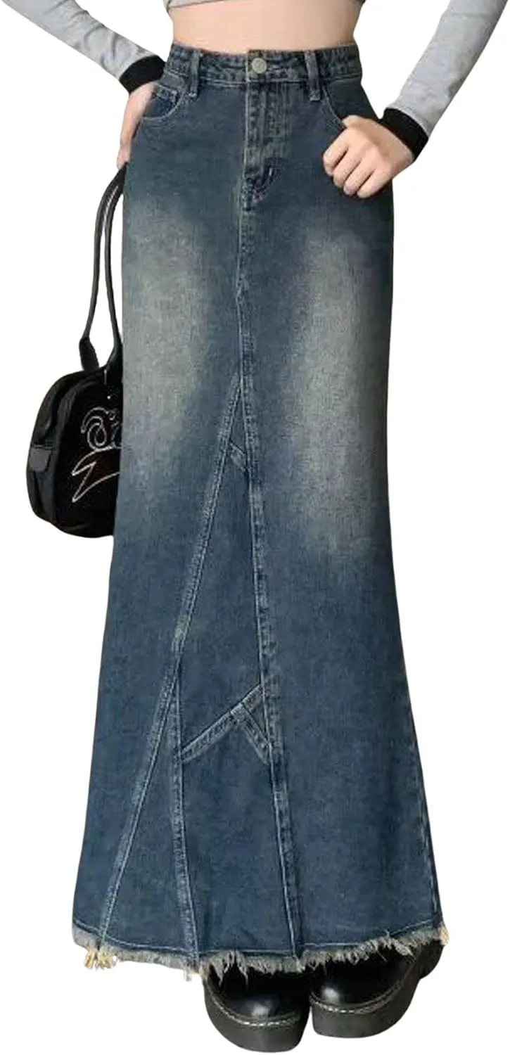CHARTOU Women High Waist Distressed Mermaid Fishtail Denim Jean Maxi Skirt Ripped Frayed Flared Long Skirt