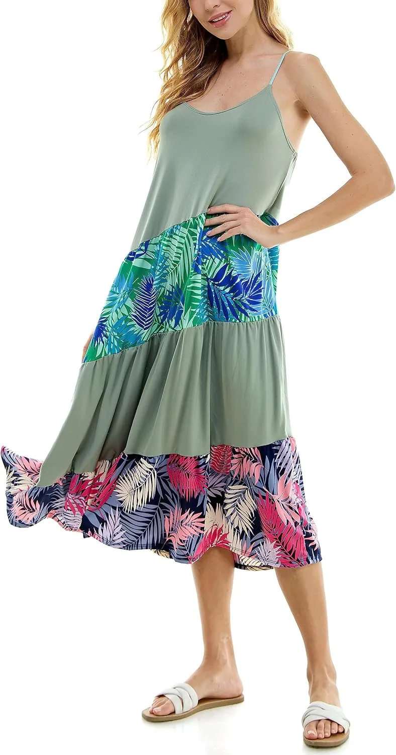 Comfortable summer midi dress with adjustable shoulder straps, color block, tropical print sleeveless