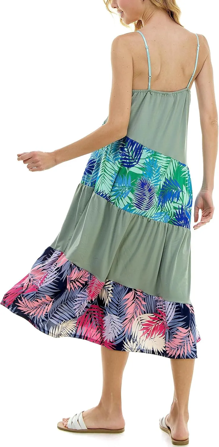 Comfortable summer midi dress with adjustable shoulder straps, color block, tropical print sleeveless