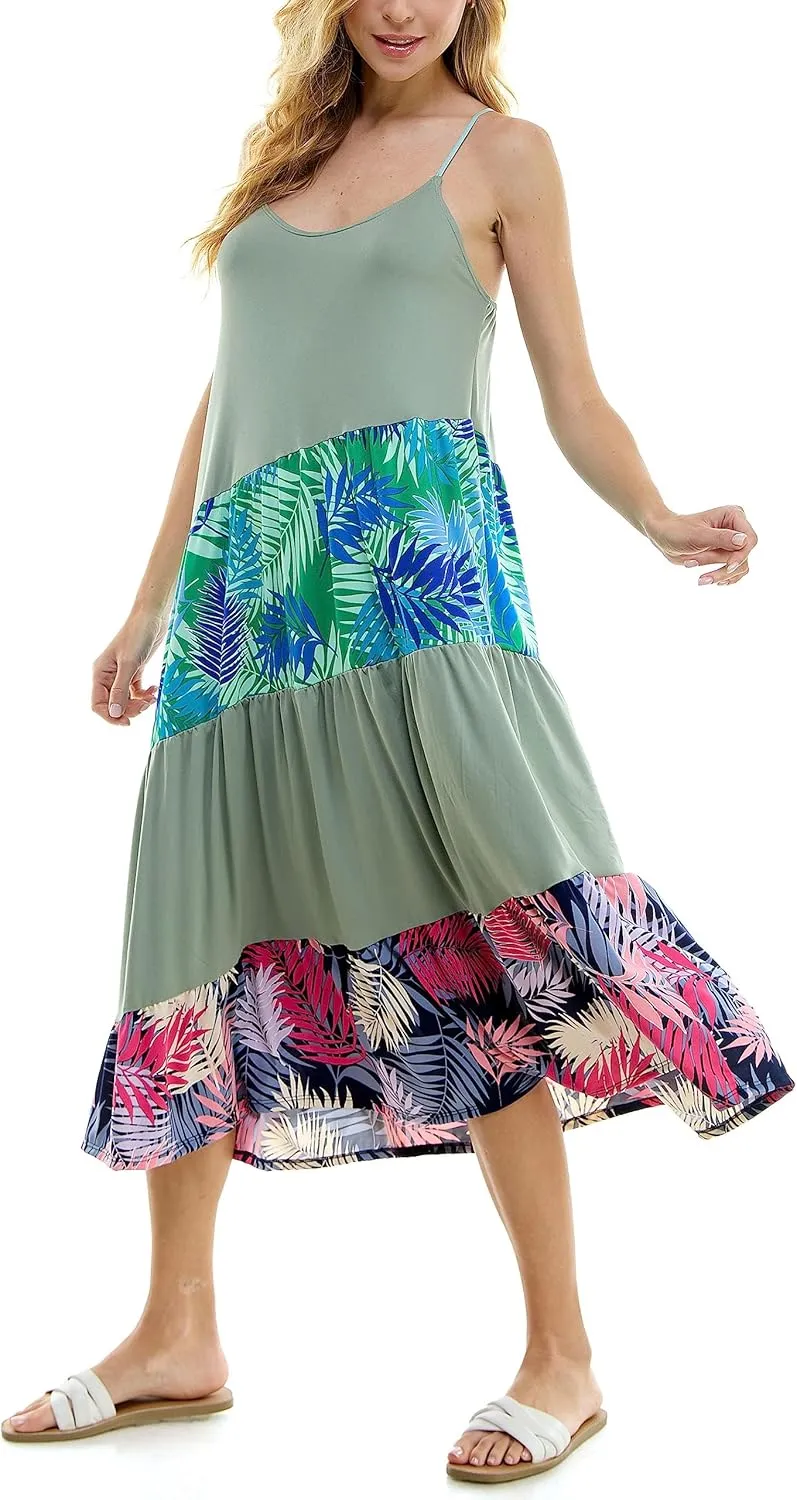 Comfortable summer midi dress with adjustable shoulder straps, color block, tropical print sleeveless