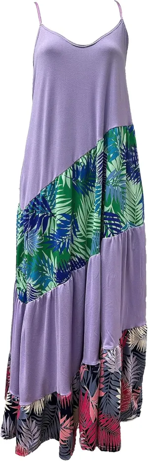 Comfortable summer midi dress with adjustable shoulder straps, color block, tropical print sleeveless