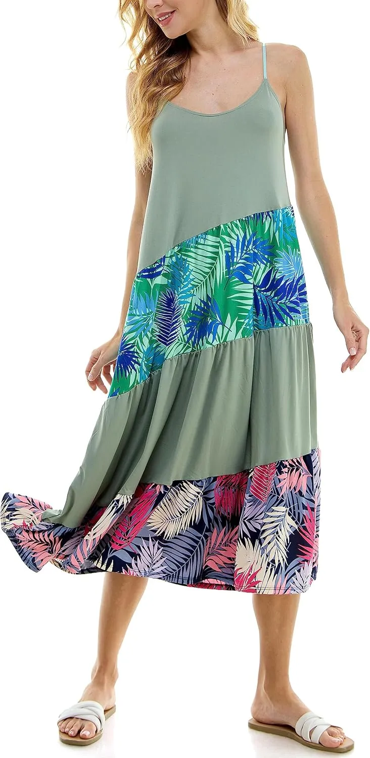 Comfortable summer midi dress with adjustable shoulder straps, color block, tropical print sleeveless