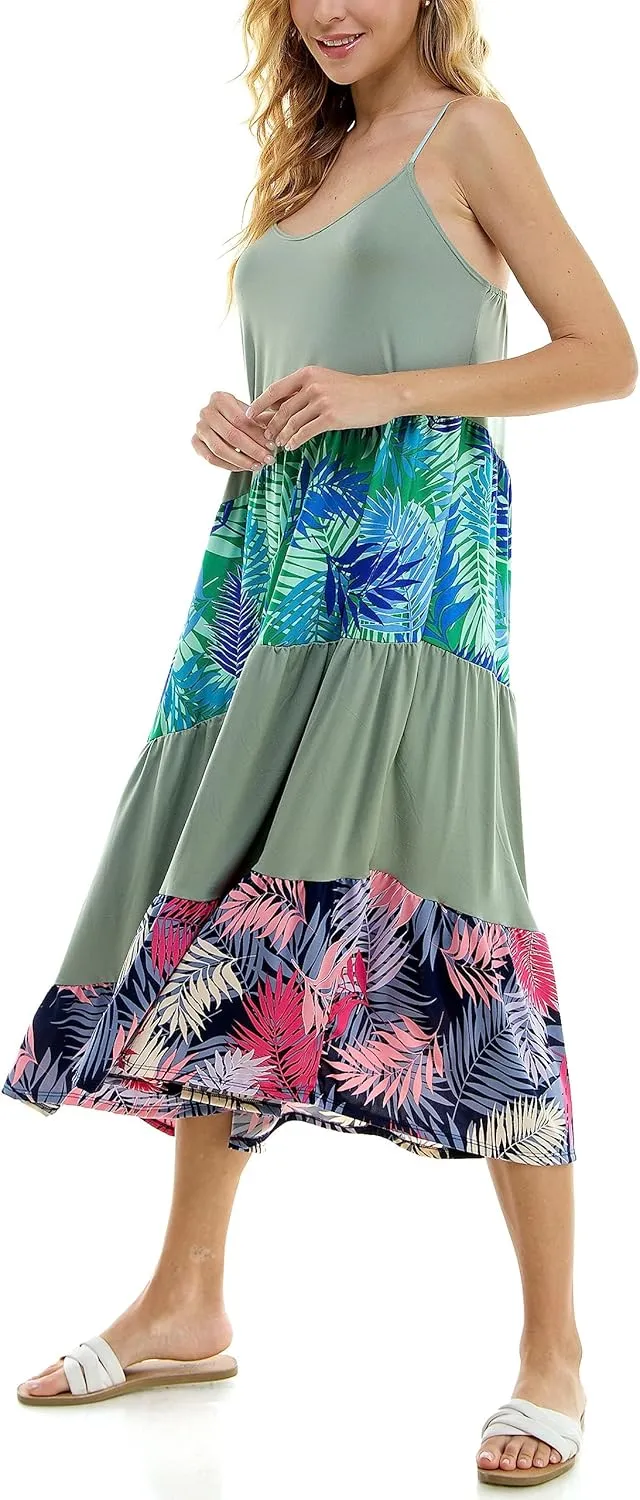 Comfortable summer midi dress with adjustable shoulder straps, color block, tropical print sleeveless