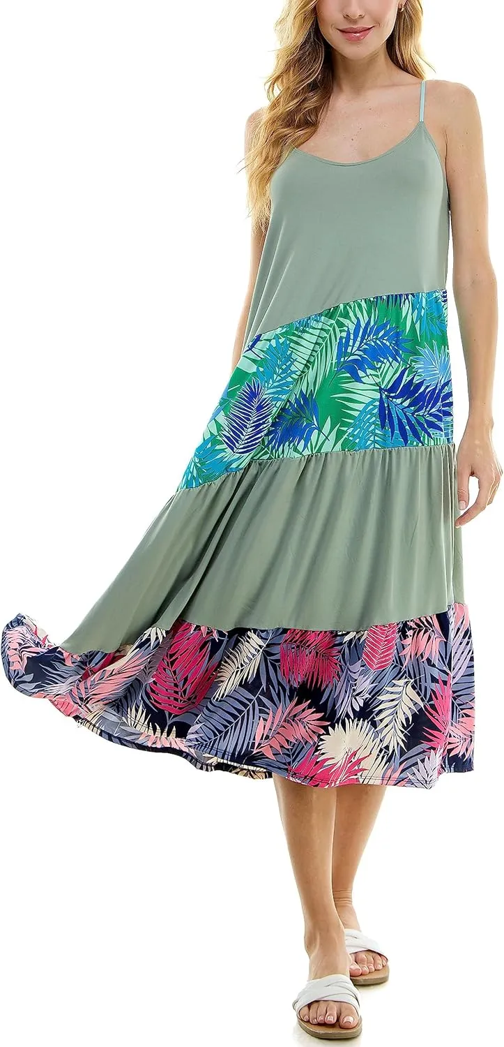 Comfortable summer midi dress with adjustable shoulder straps, color block, tropical print sleeveless