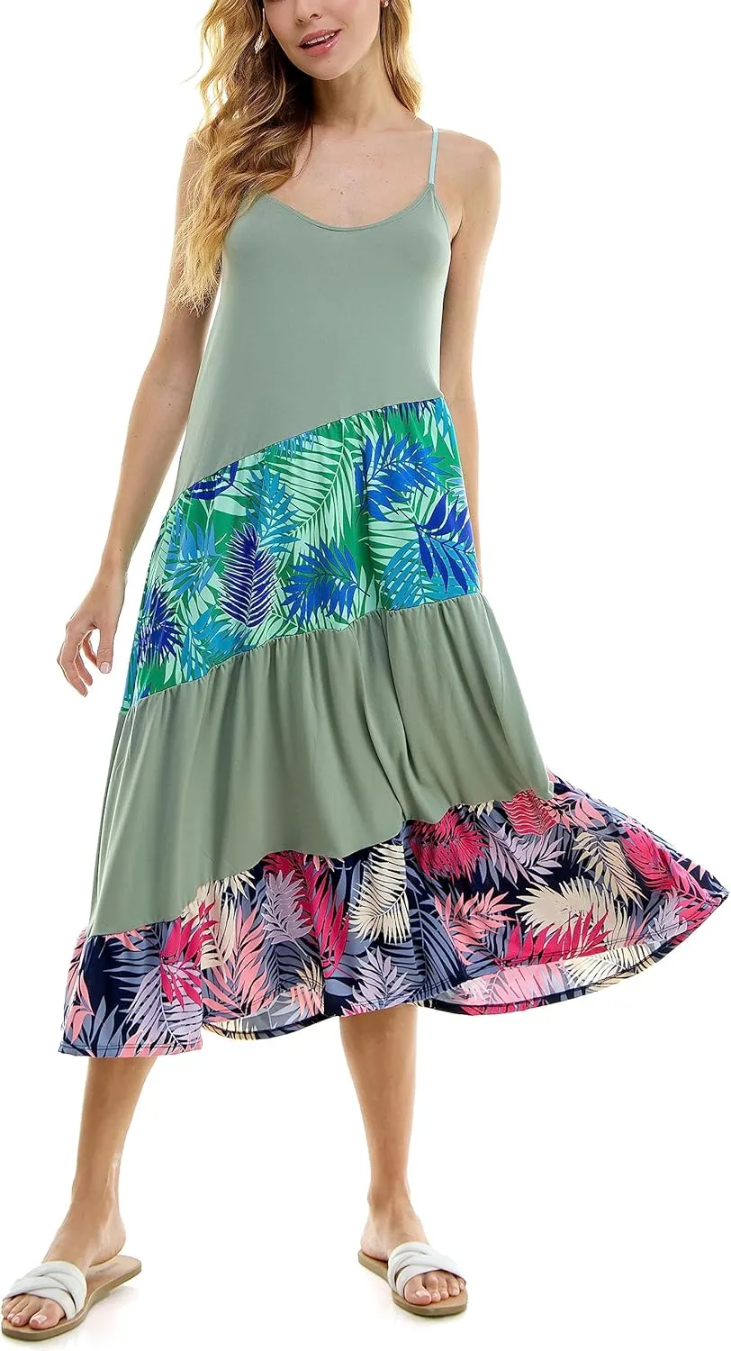 Comfortable summer midi dress with adjustable shoulder straps, color block, tropical print sleeveless