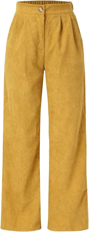 Corduroy Pants for Women Vintage High Waisted Wide Leg Bell Bottom Pants Loose Comfort Casual Trousers with Pockets