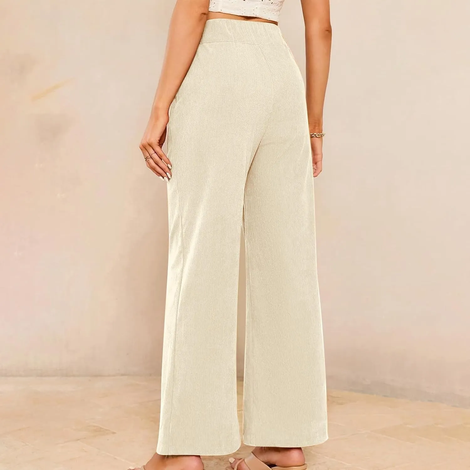 Corduroy Pants for Women Wide Leg High Waist Loose Comfy Trousers Velvet Flare Casual Bell Bottom Pants with Pockets