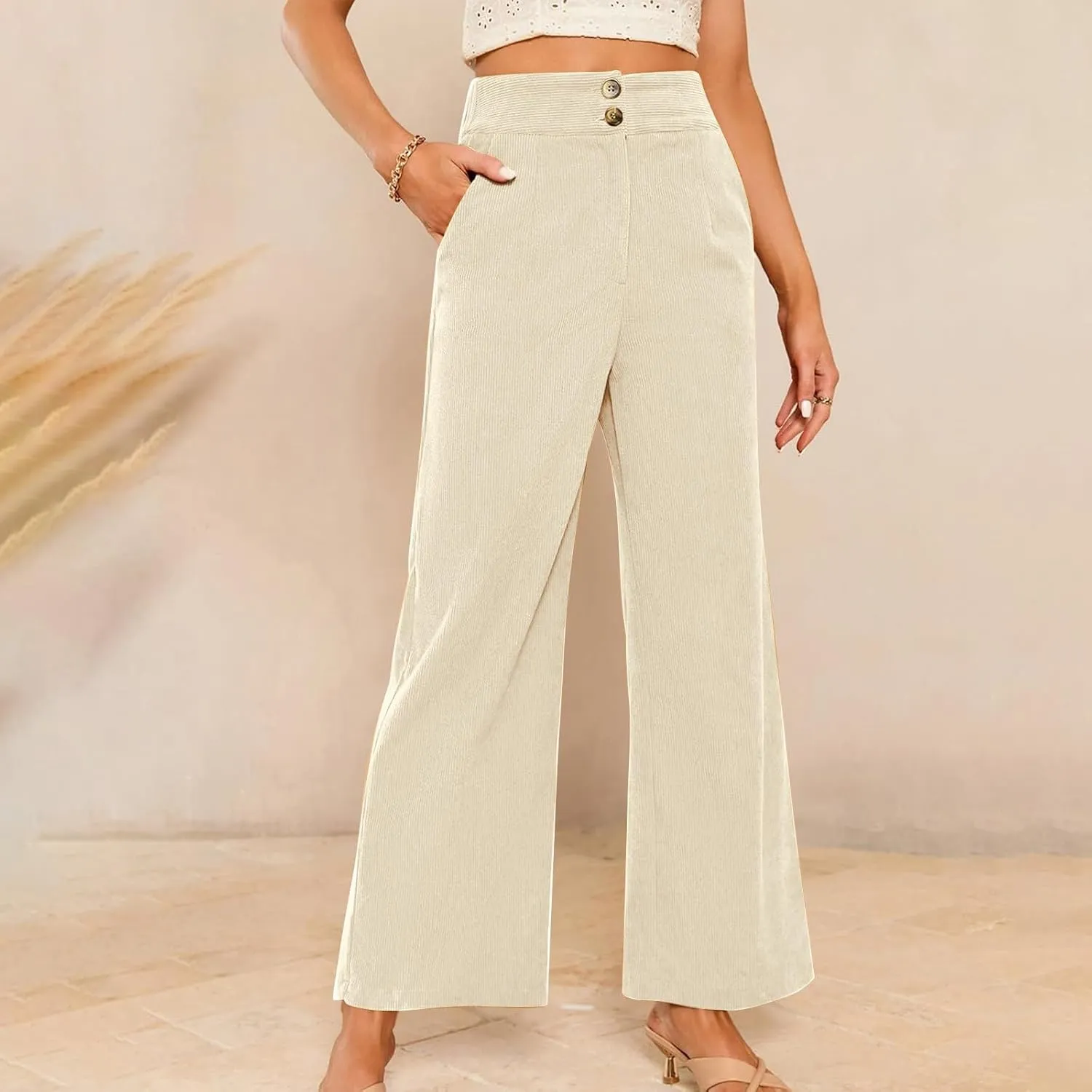 Corduroy Pants for Women Wide Leg High Waist Loose Comfy Trousers Velvet Flare Casual Bell Bottom Pants with Pockets