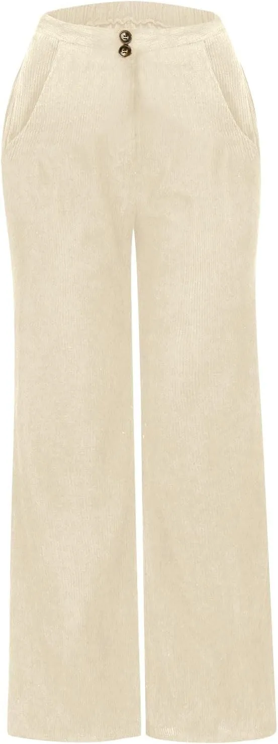 Corduroy Pants for Women Wide Leg High Waist Loose Comfy Trousers Velvet Flare Casual Bell Bottom Pants with Pockets