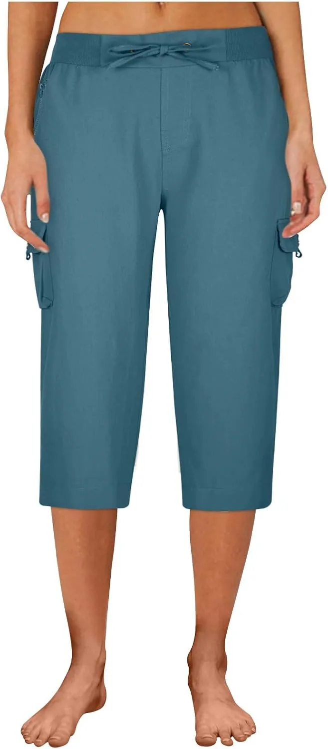 Cotton Capri Pants for Women High Waist Knee Length Cargo Pants Lightweight Trousers Summer Casual Cropped Pants