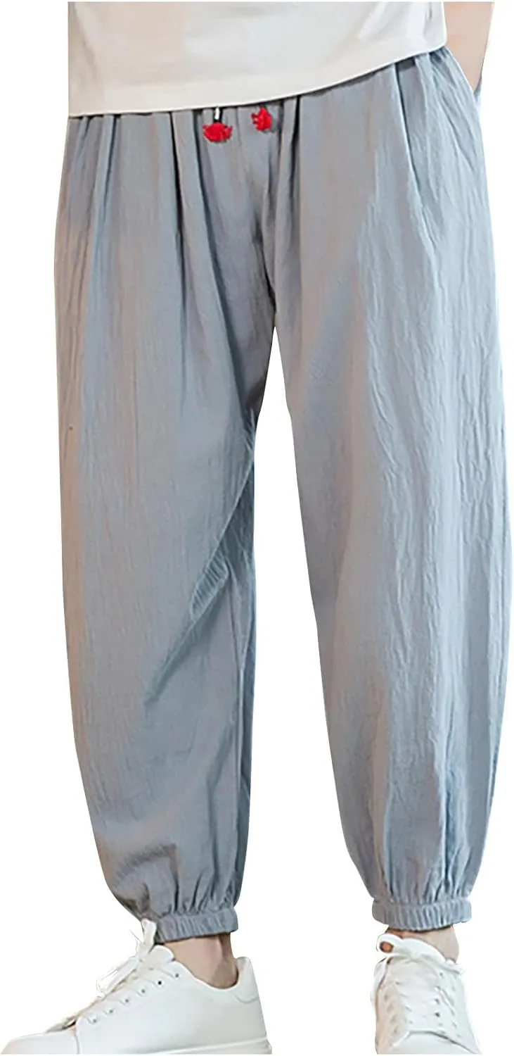 Cotton Linen Casual Pants for Men Outing Jogger Pant Summer Vacation Loose Trousers Beach Solid Color Lounge Clothing
