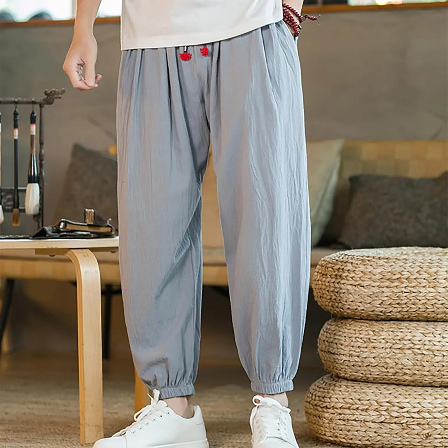 Cotton Linen Casual Pants for Men Outing Jogger Pant Summer Vacation Loose Trousers Beach Solid Color Lounge Clothing