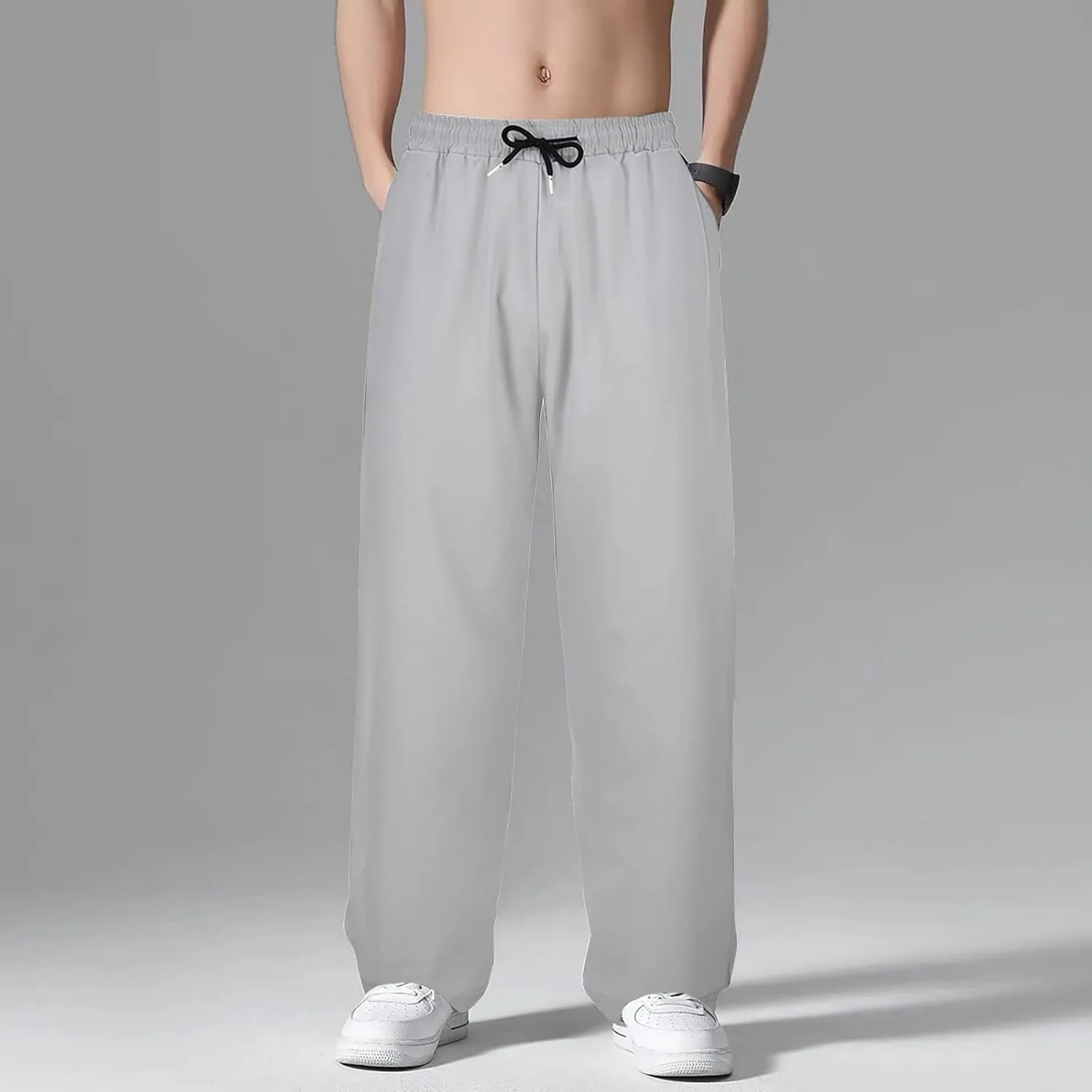 Cotton Linen Pants for Men Casual Loose Fit Pants Outdoor Hiking Trousers Drawstring Elastic Waist Straight Leg Pant