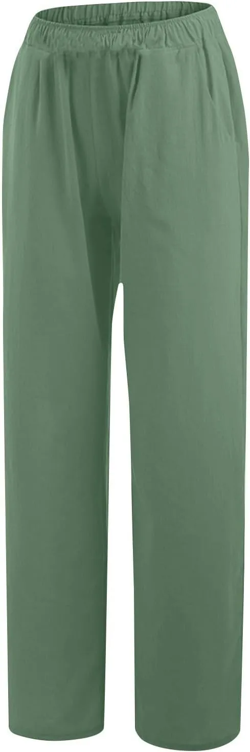 Cotton Linen Pants for Women Casual Summer Elastic High Waist Pants Straight Wide Leg Pants Baggy Loose Fit Trousers