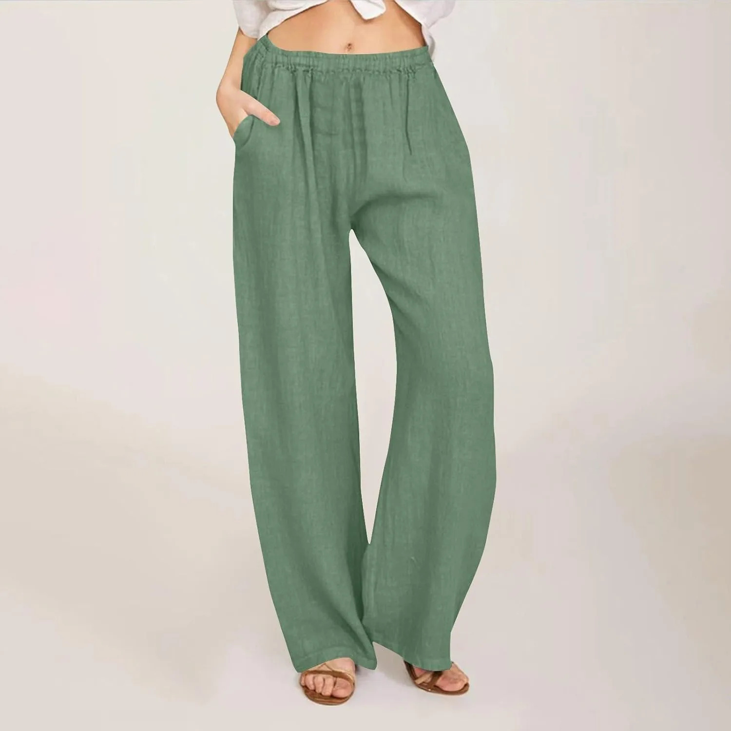 Cotton Linen Pants for Women Casual Summer Elastic High Waist Pants Straight Wide Leg Pants Baggy Loose Fit Trousers